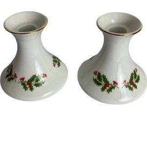 Macy's The Cellar Ivory Holly Japan Set of 2 Candle Stick Holders Vtg 1990s